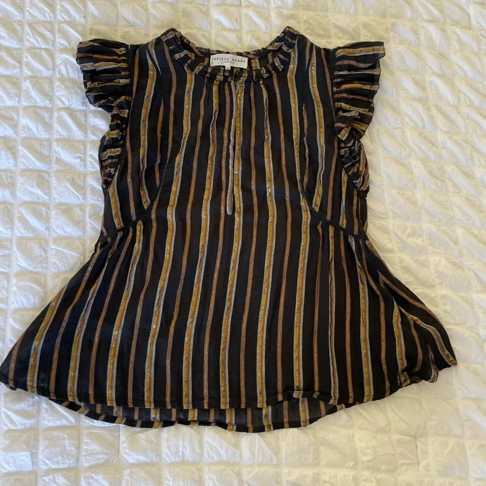Apiece Apart Black Striped Flutter Sleeve Blouse